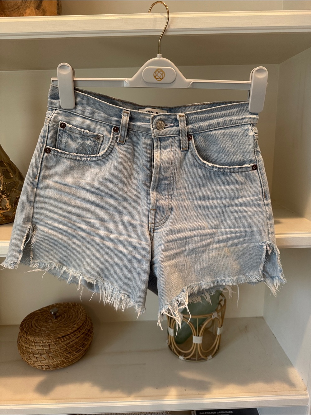 Agolde Light Blue Frayed Hem Denim Shorts